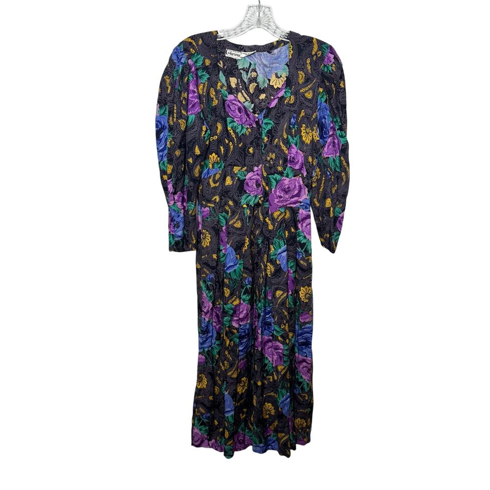 Starina Vintage 90s Floral Dress Size M Black Fit Flare Pleated Boho Cottagecore